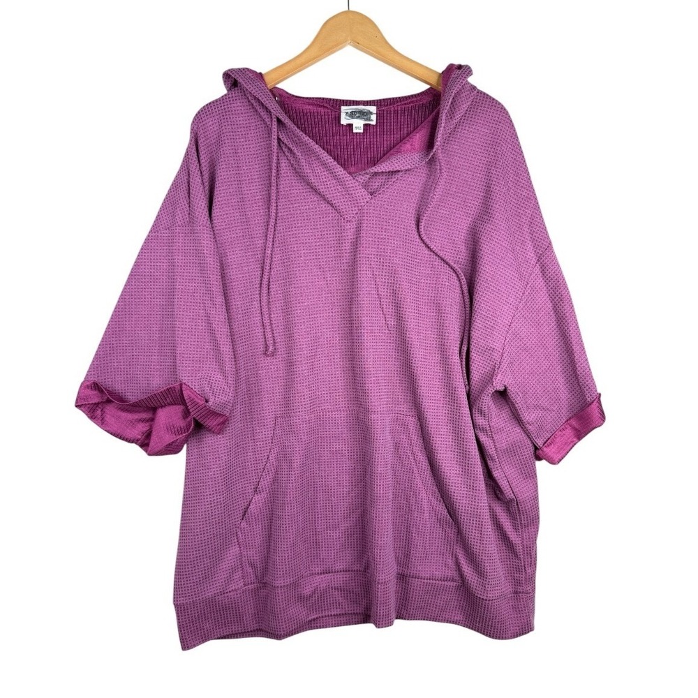 ANDREE by Unit Womens Short Sleeve Waffle Knit Hoodie Top Size 2X/3X Purple